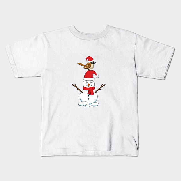 Cute Sparrow on Snowman Kids T-Shirt by BirdAtWork